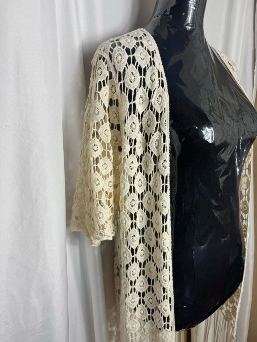 Rebellion Again 100% cotton fringe boho crochet kimono duster Small NWOT - Picture 4 of 14